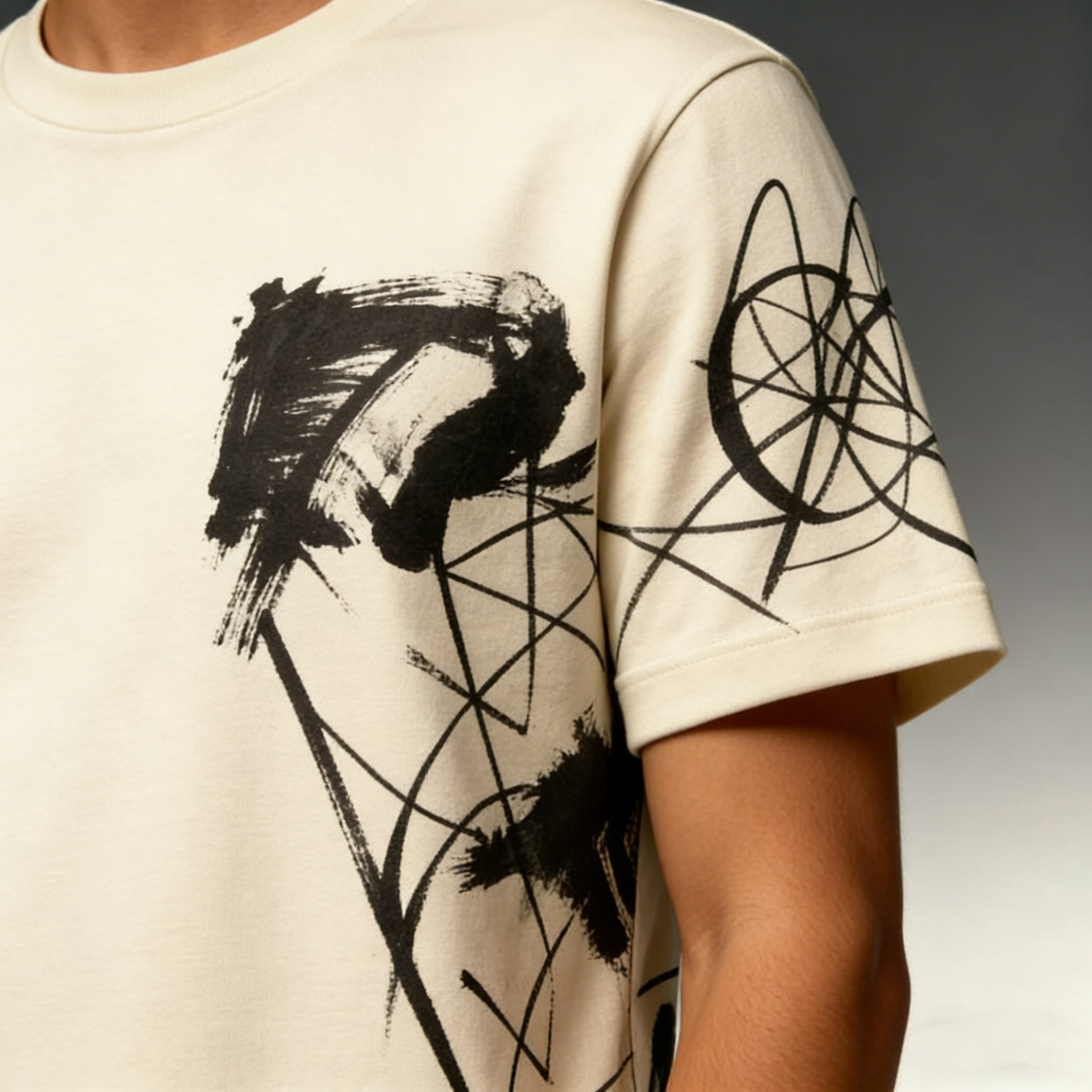 Beige Graffiti Calligraphy Oversized Tee | Abstract Ink Streetwear