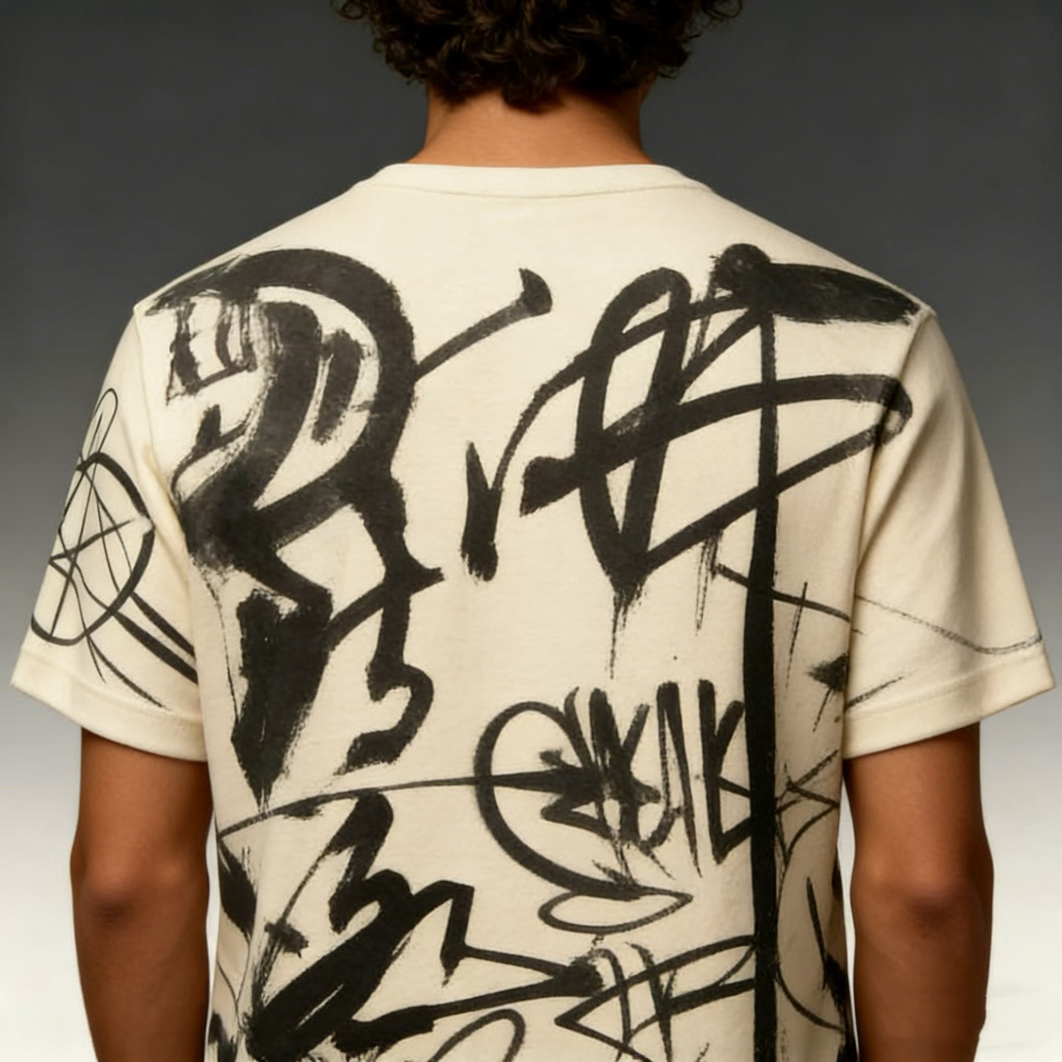 Beige Graffiti Calligraphy Oversized Tee | Abstract Ink Streetwear
