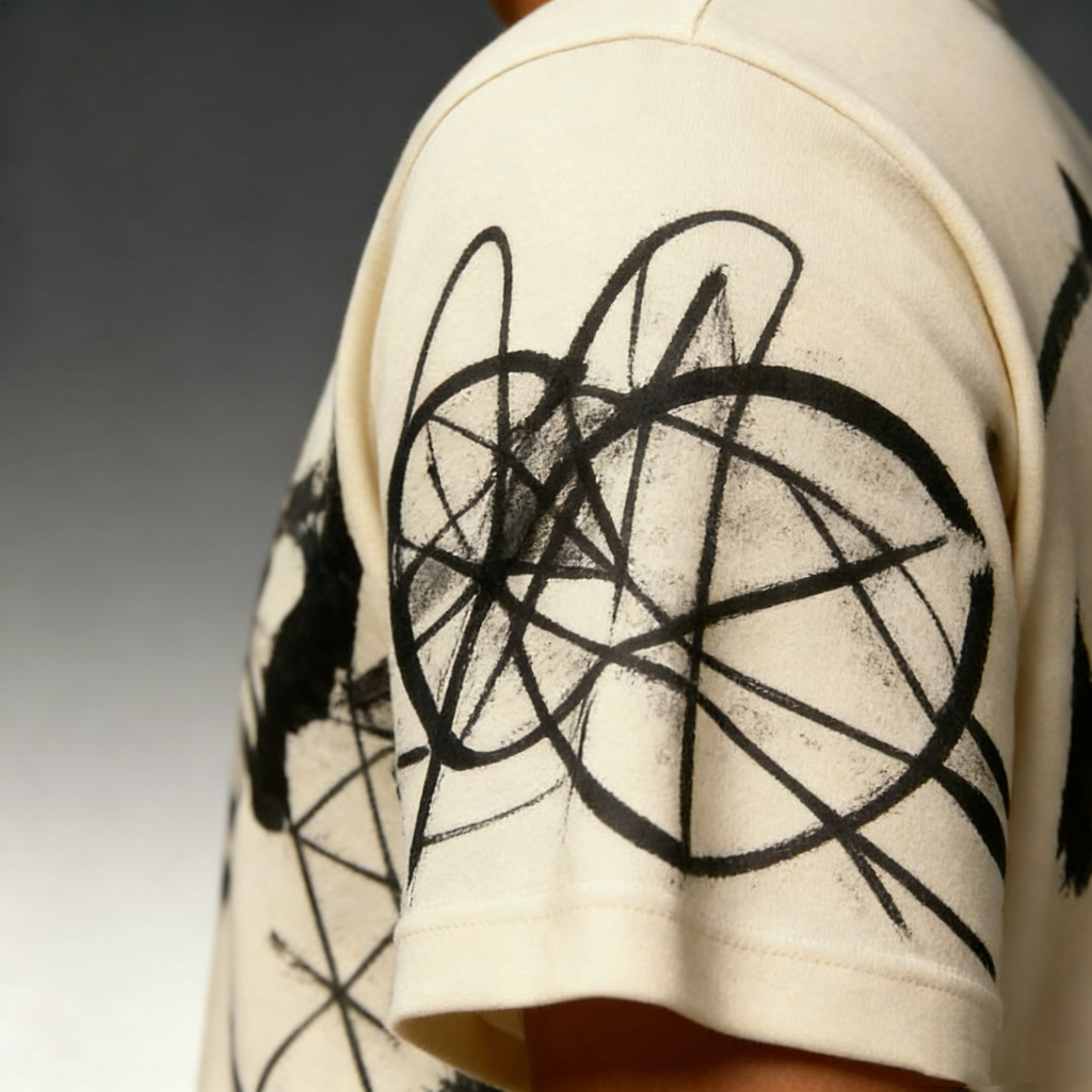 Beige Graffiti Calligraphy Oversized Tee | Abstract Ink Streetwear