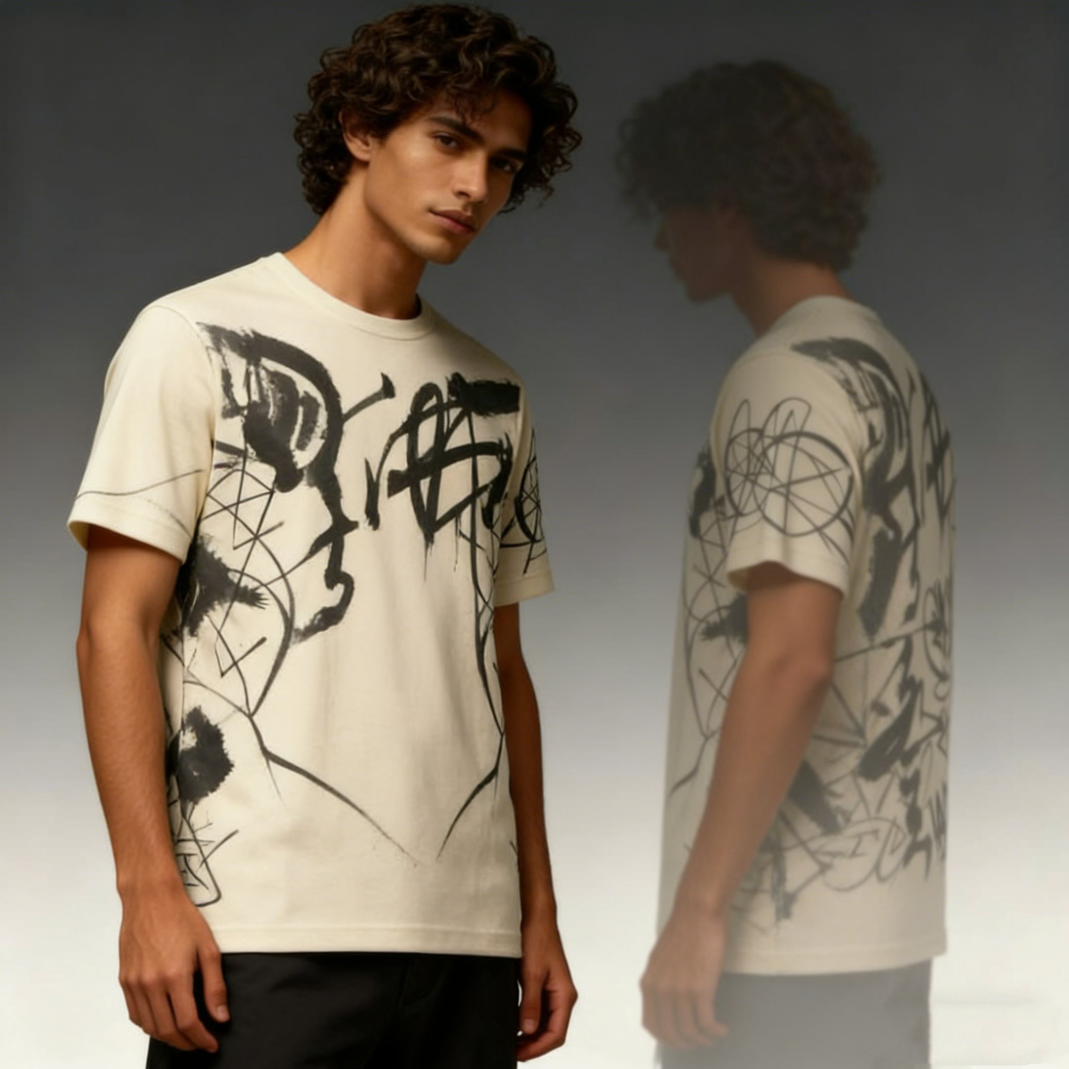 Beige Graffiti Calligraphy Oversized Tee | Abstract Ink Streetwear