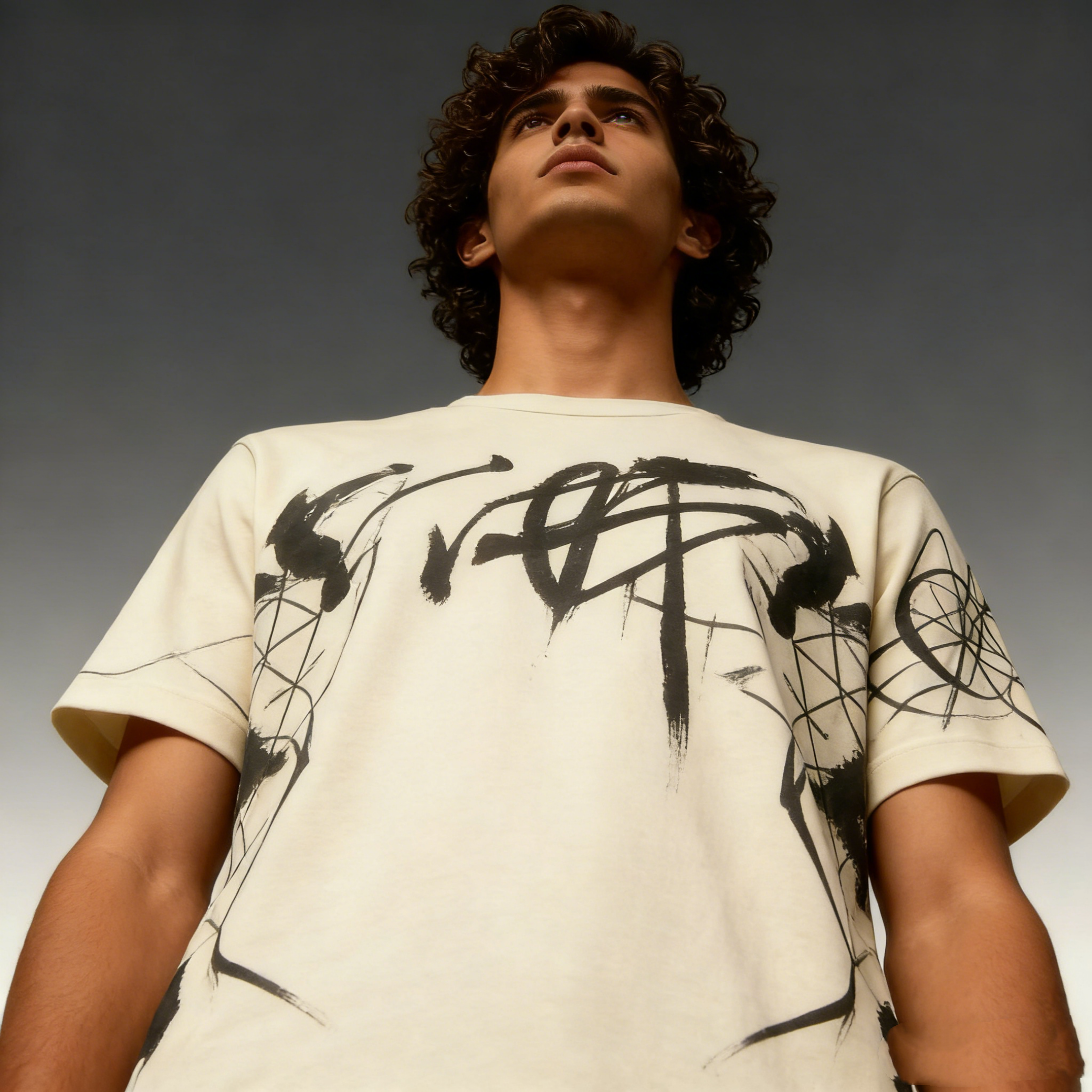 Beige Graffiti Calligraphy Oversized Tee | Abstract Ink Streetwear
