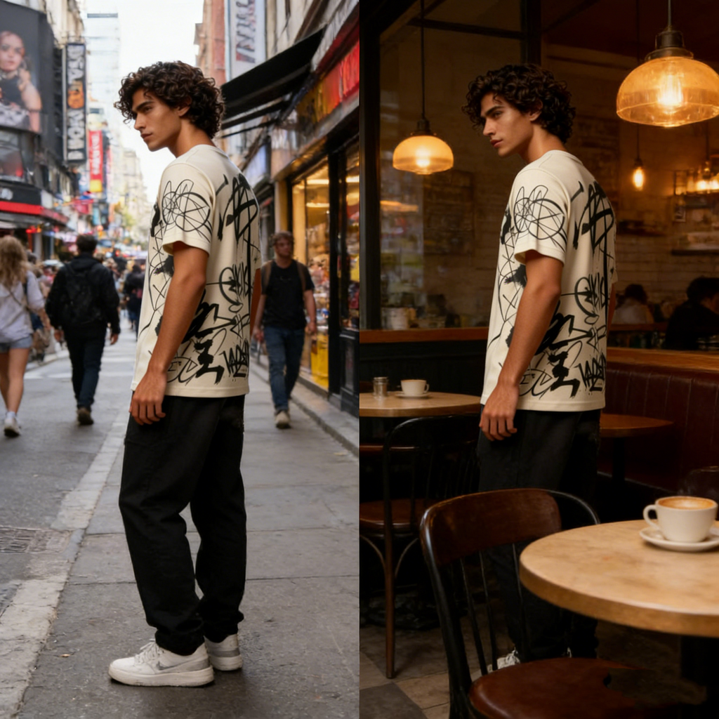 Beige Graffiti Calligraphy Oversized Tee | Abstract Ink Streetwear