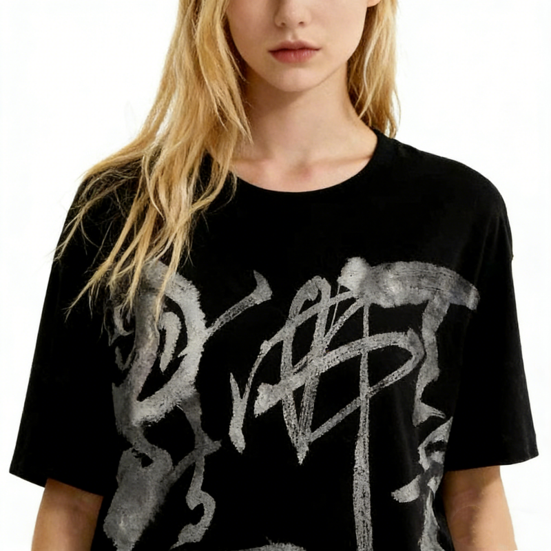 Black Chinese Calligraphy Ink Art Oversized T-Shirt - Gray Brushstroke Design with Red Seal, Unisex Cotton Streetwear Tee