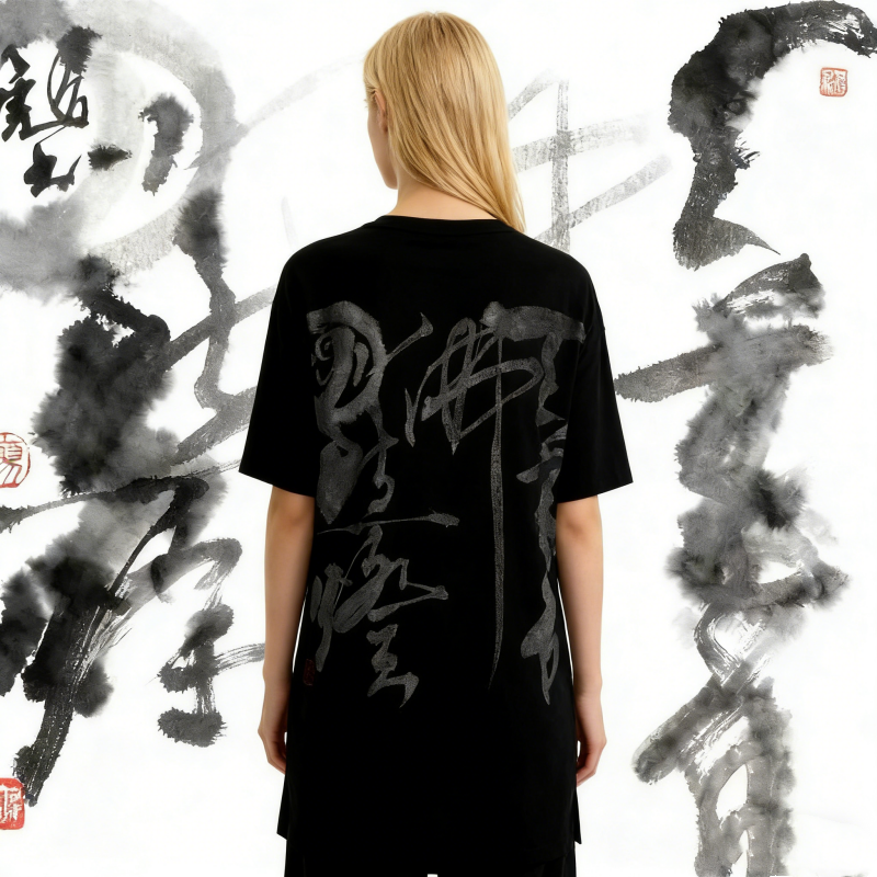 Black Chinese Calligraphy Ink Art Oversized T-Shirt - Gray Brushstroke Design with Red Seal, Unisex Cotton Streetwear Tee