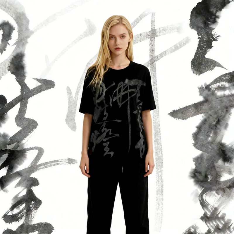 Black Chinese Calligraphy Ink Art Oversized T-Shirt - Gray Brushstroke Design with Red Seal, Unisex Cotton Streetwear Tee