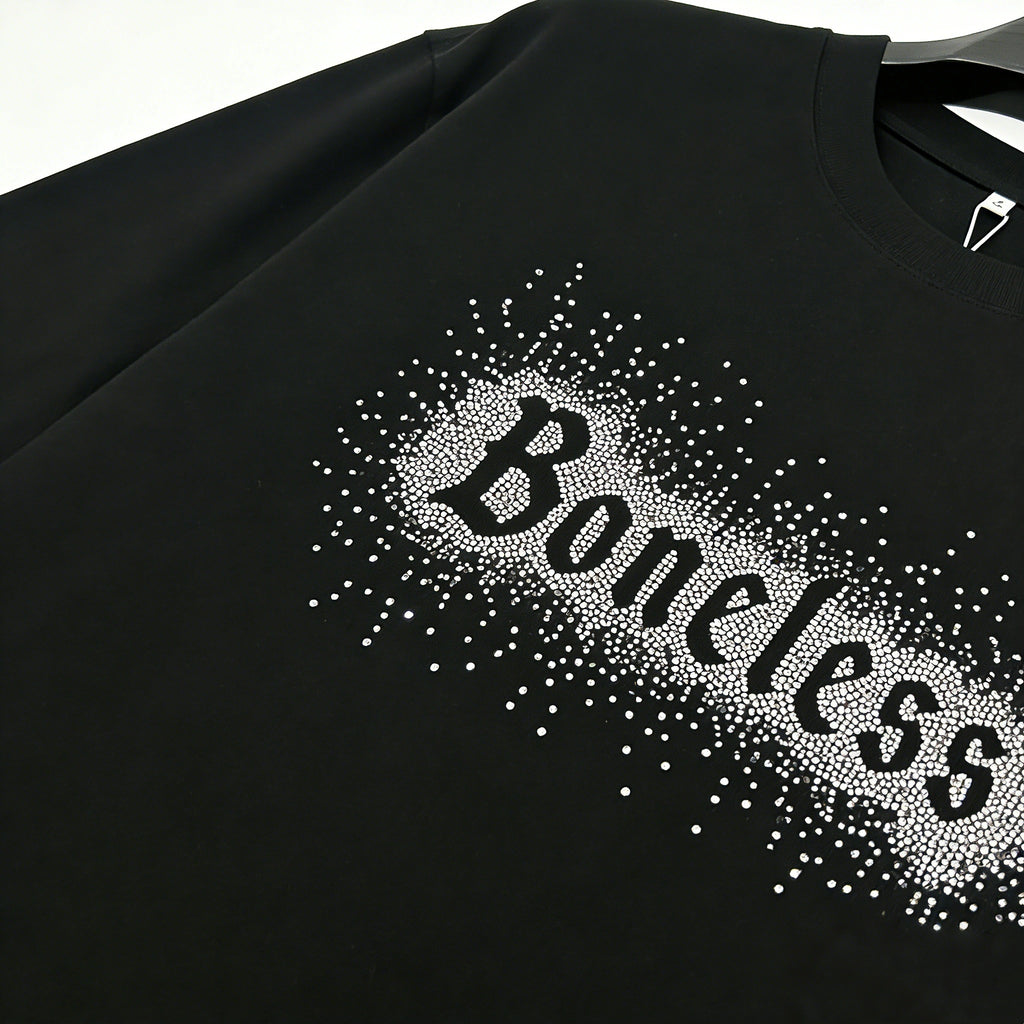 Sparkling Boneless Rhinestone Graphic on Black Long Sleeve Tee