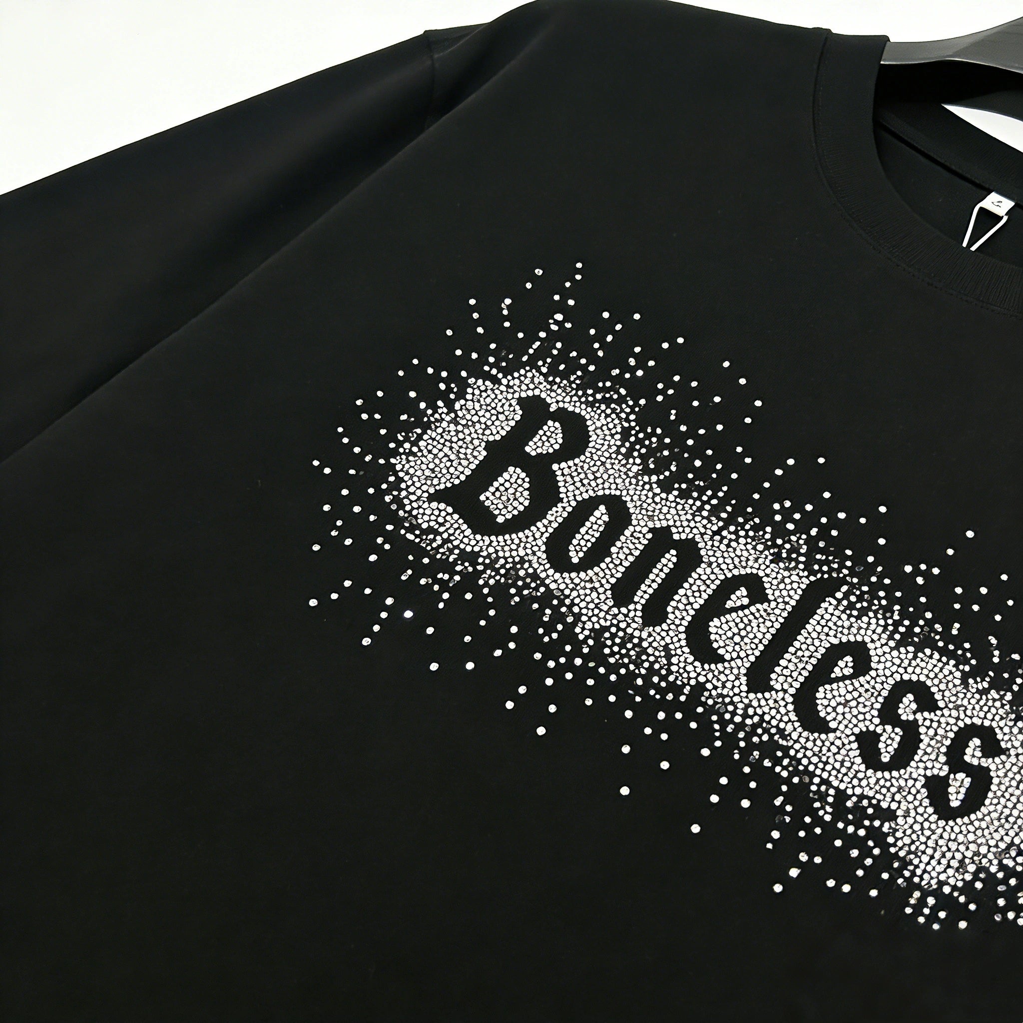 Sparkling Boneless Rhinestone Graphic on Black Long Sleeve Tee