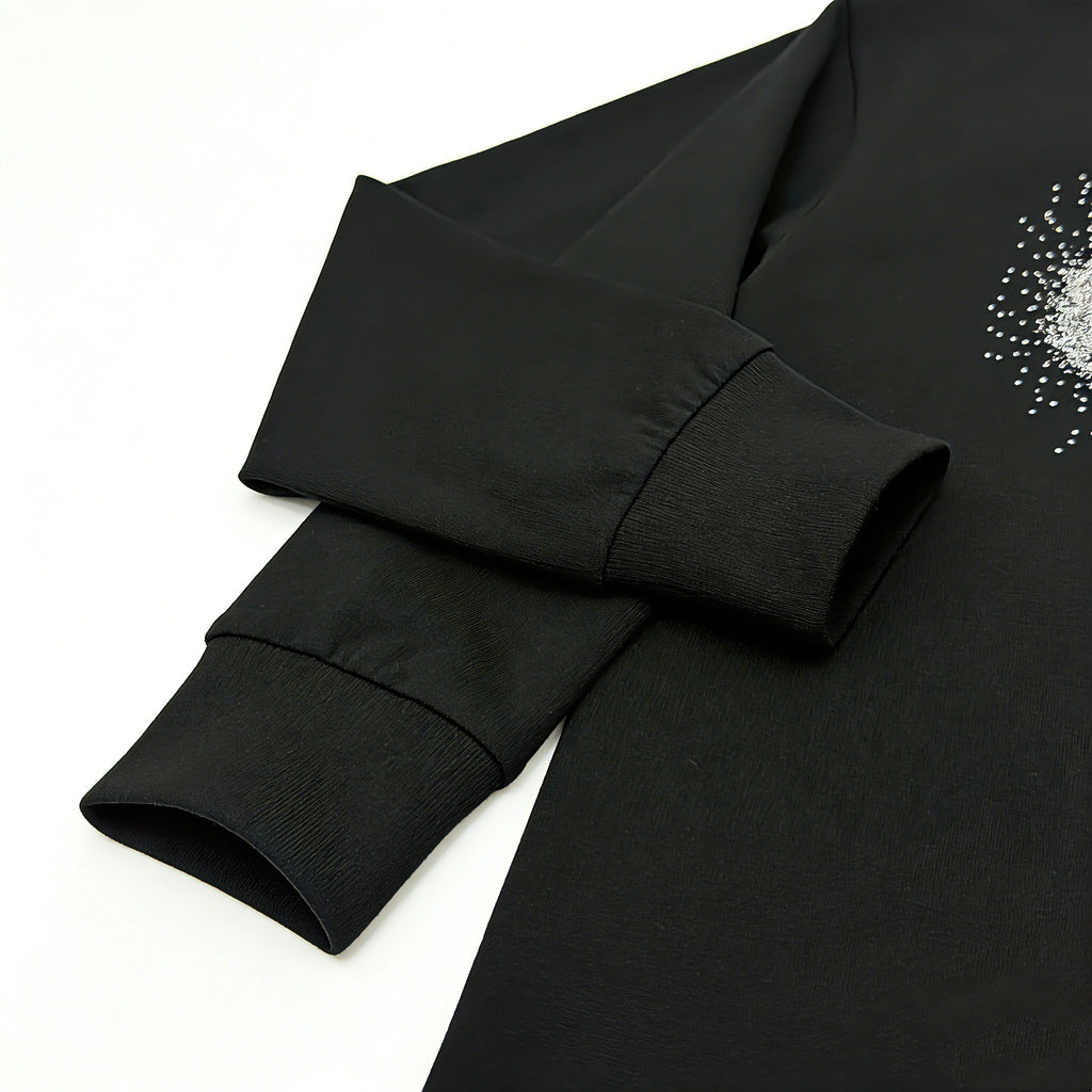 Sparkling Boneless Rhinestone Graphic on Black Long Sleeve Tee