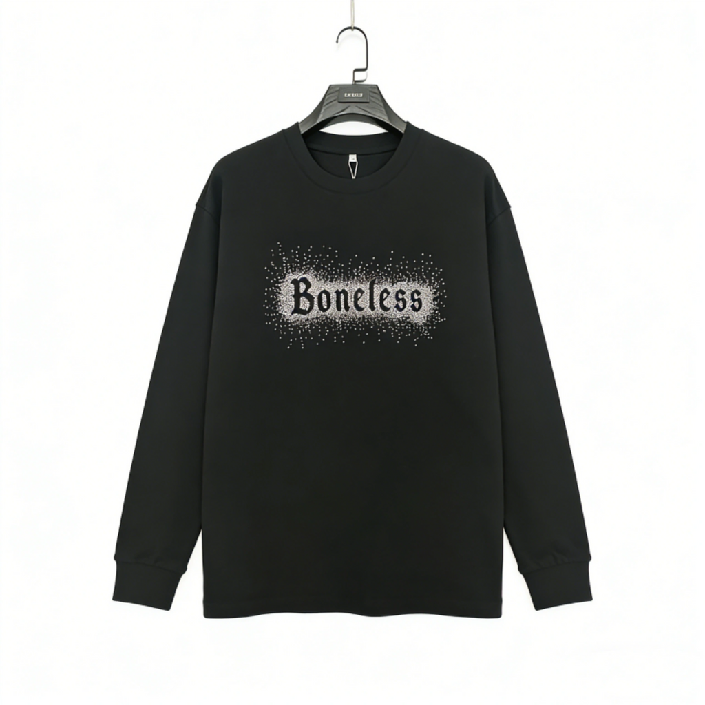 Boneless Gothic Rhinestone Oversized Long Sleeve T-Shirt Black Streetwear