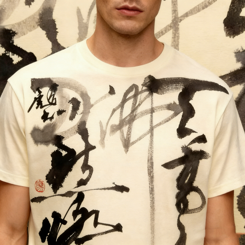 Chinese Calligraphy Ink Art Oversized T-Shirt - Traditional Brushstroke Design with Red Seal Accents, Breathable Cotton Streetwear Tee