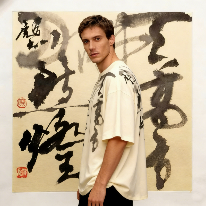 Chinese Calligraphy Ink Art Oversized T-Shirt - Traditional Brushstroke Design with Red Seal Accents, Breathable Cotton Streetwear Tee