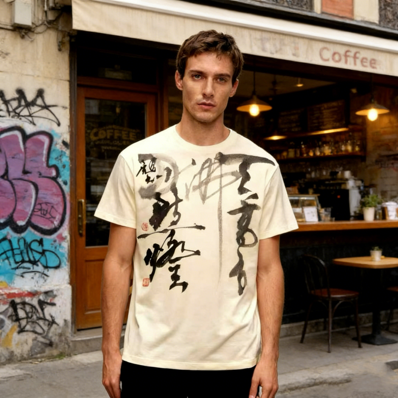 Chinese Calligraphy Ink Art Oversized T-Shirt - Traditional Brushstroke Design with Red Seal Accents, Breathable Cotton Streetwear Tee