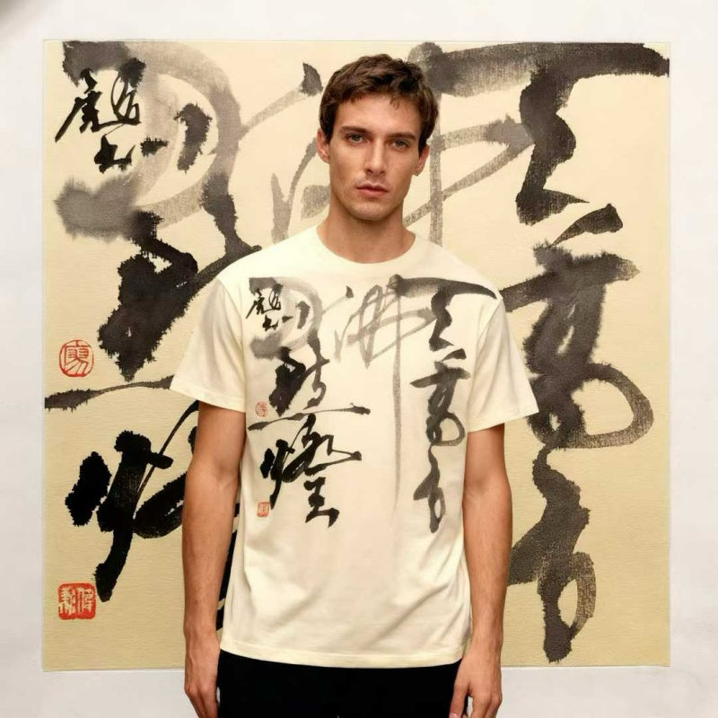 Chinese Calligraphy Ink Art Oversized T-Shirt - Traditional Brushstroke Design with Red Seal Accents, Breathable Cotton Streetwear Tee