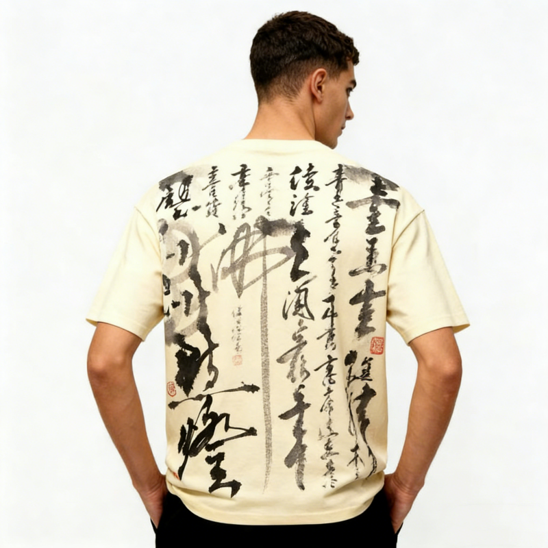Cream Chinese Calligraphy Oversized T-Shirt - Black Ink Brushstroke Design with Red Seals, Unisex Front & Back Print Cotton Tee