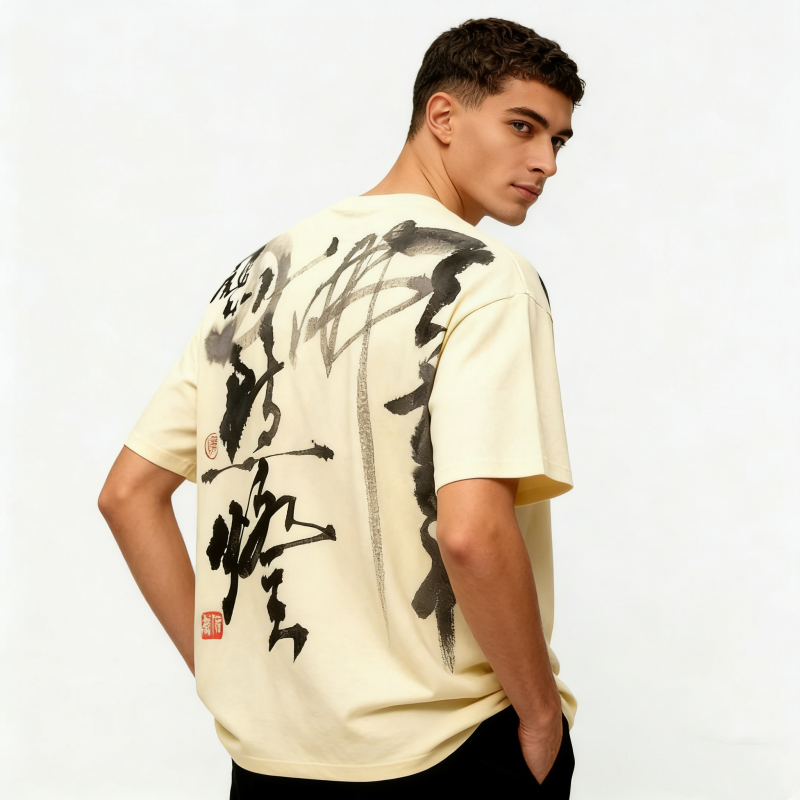 Cream Chinese Calligraphy Oversized T-Shirt - Black Ink Brushstroke Design with Red Seals, Unisex Front & Back Print Cotton Tee