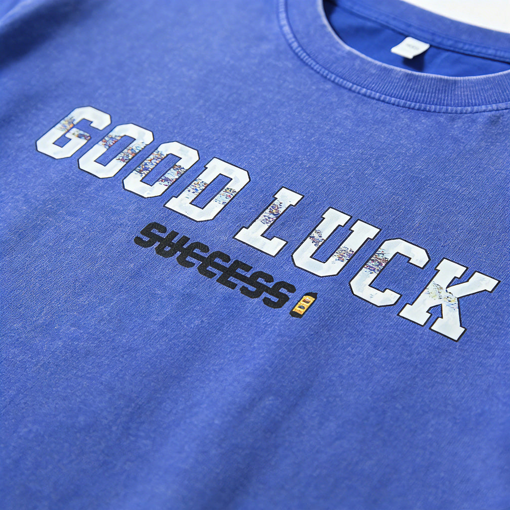 Good Luck Graphic Print on Vintage Washed Tee Close-Up
