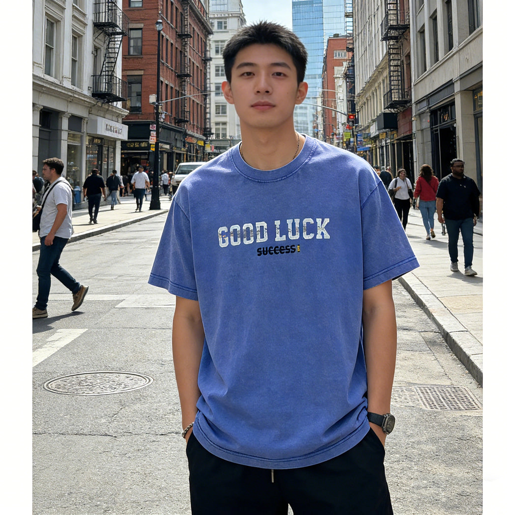 Good Luck Vintage Washed Oversized T-Shirt Retro Streetwear Blue