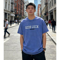 Good Luck Vintage Washed Oversized T-Shirt Retro Streetwear Blue