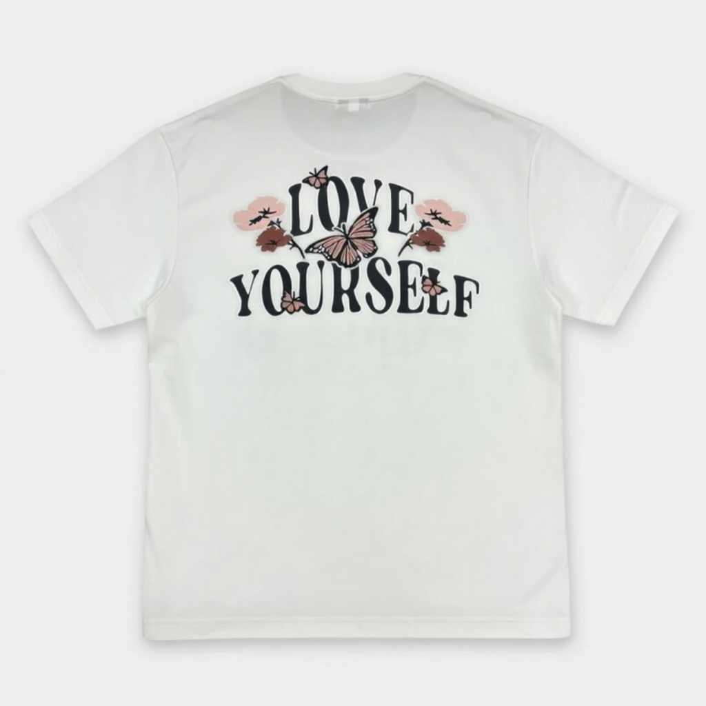 Love Yourself Butterfly Floral Graphic on Back of Oversized White T-Shirt