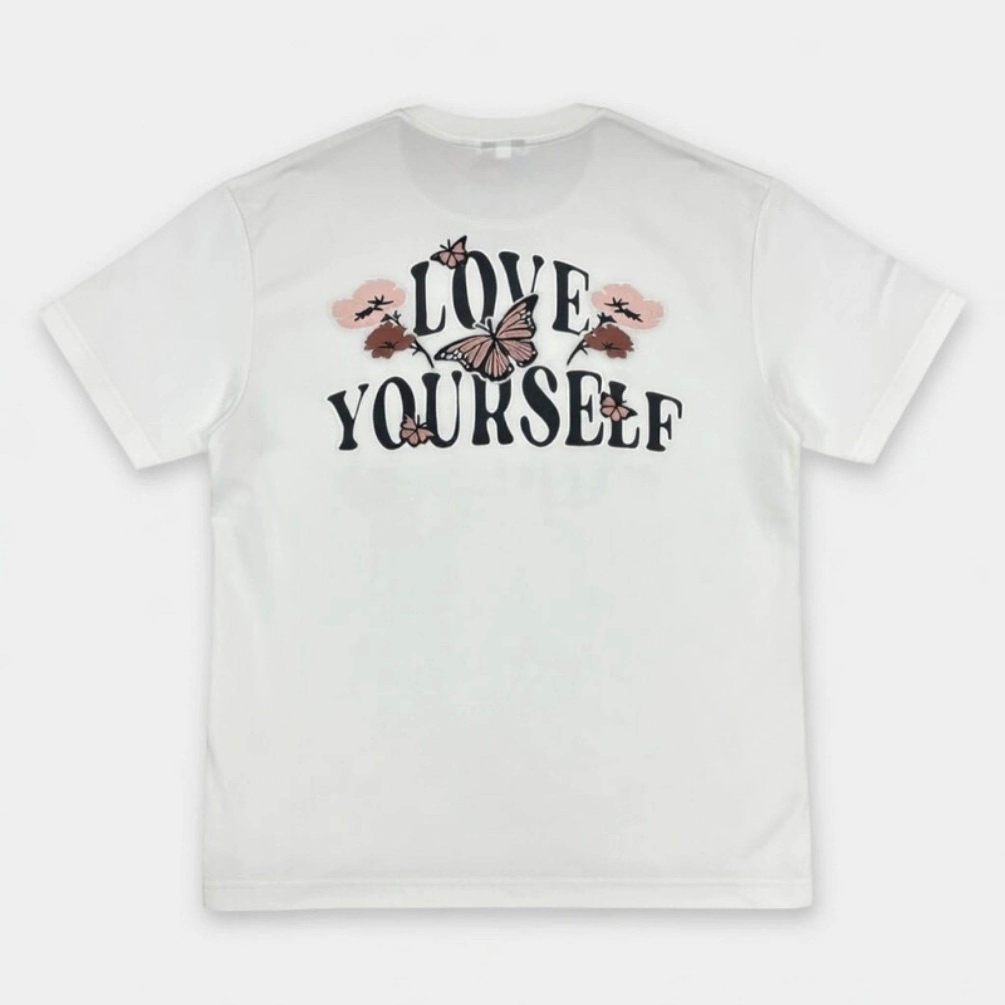 Love Yourself Butterfly Floral Graphic on Back of Oversized White T-Shirt