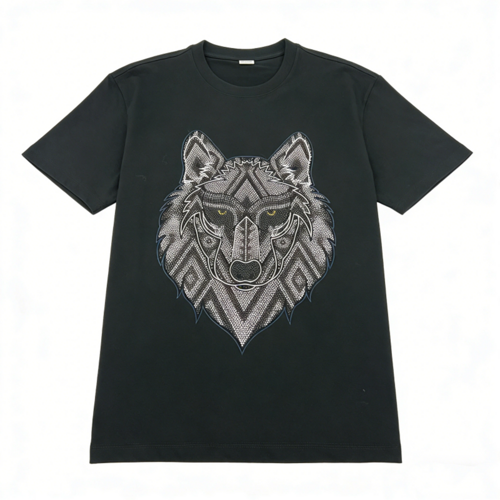 Luxury Wolf Head Rhinestone Short Sleeve T-Shirt | Black Heavy Cotton Streetwear Tee with Tribal Geometry Pattern