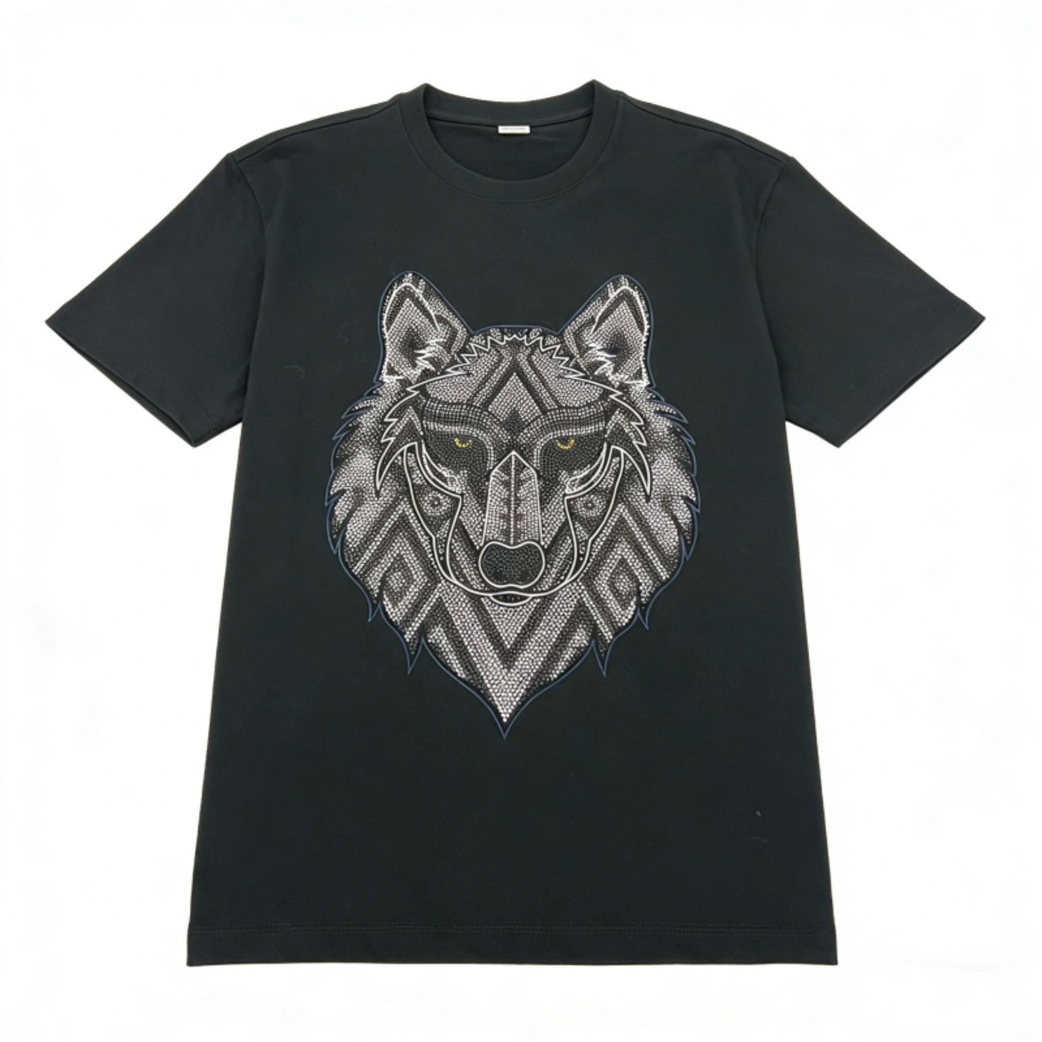 Luxury Wolf Head Rhinestone Short Sleeve T-Shirt | Black Heavy Cotton Streetwear Tee with Tribal Geometry Pattern