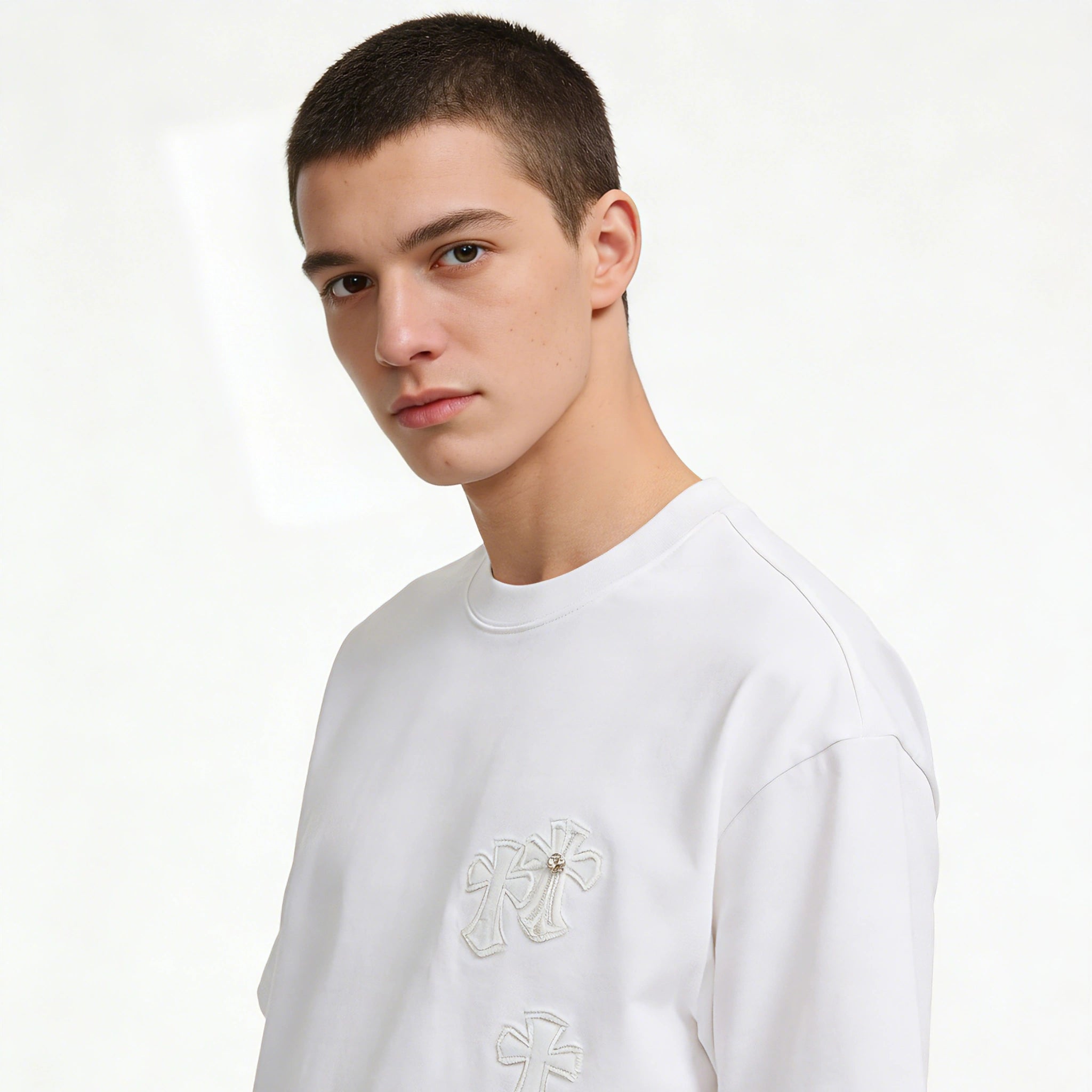 Man Wearing Minimalist Cross Oversized T-Shirt Luxury Street Style