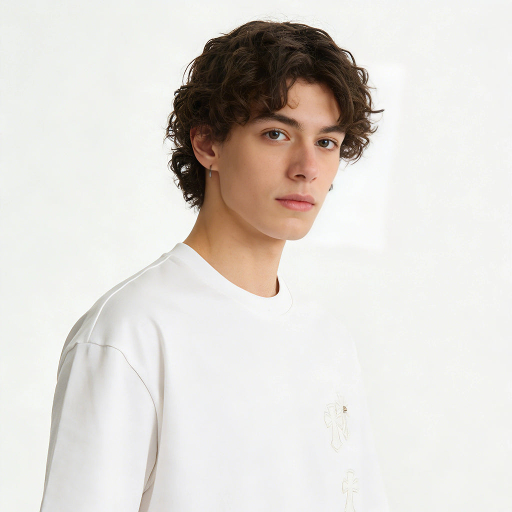 Man Wearing Minimalist Cross Oversized T-Shirt Luxury Street Style