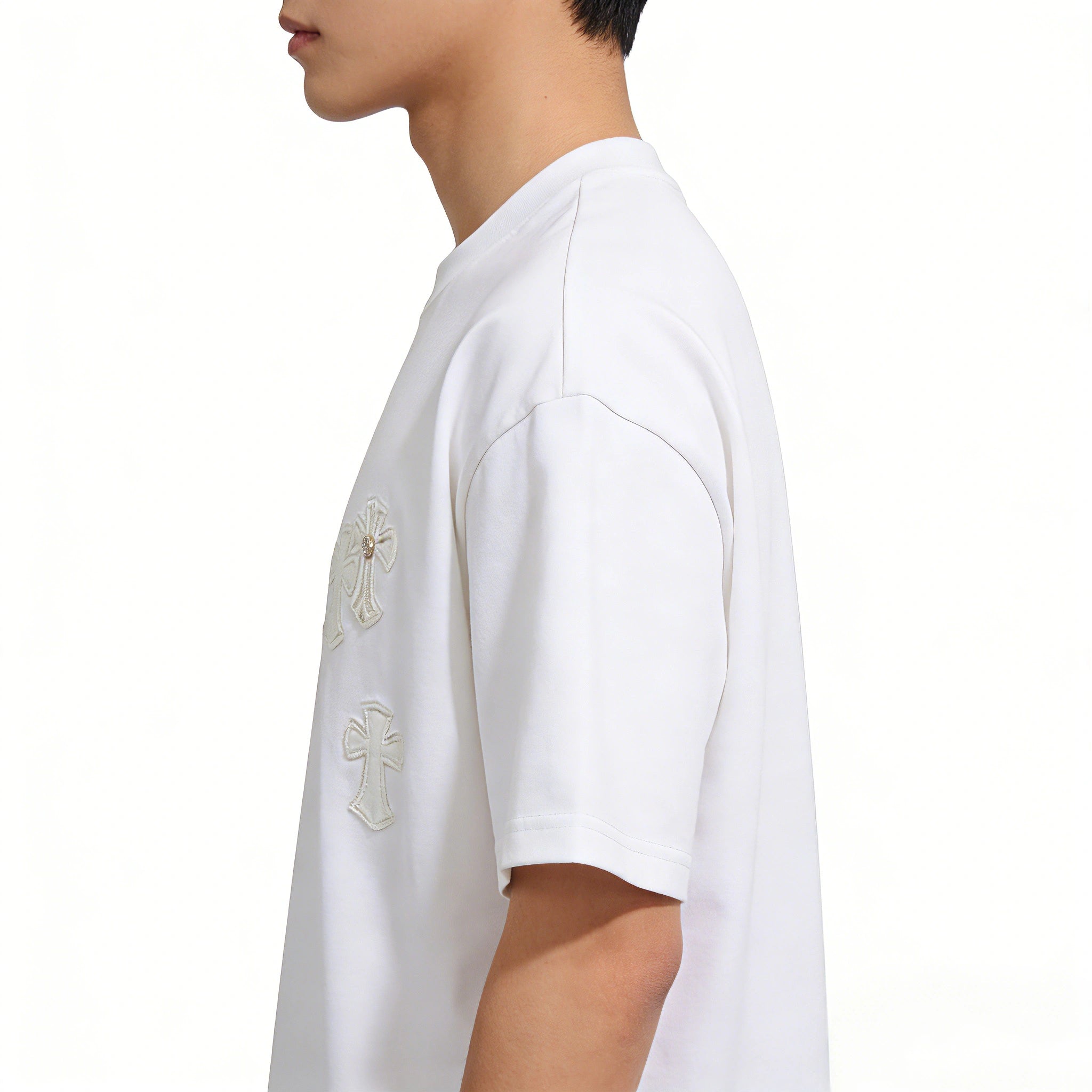 Man Wearing Minimalist Cross Oversized T-Shirt Luxury Street Style