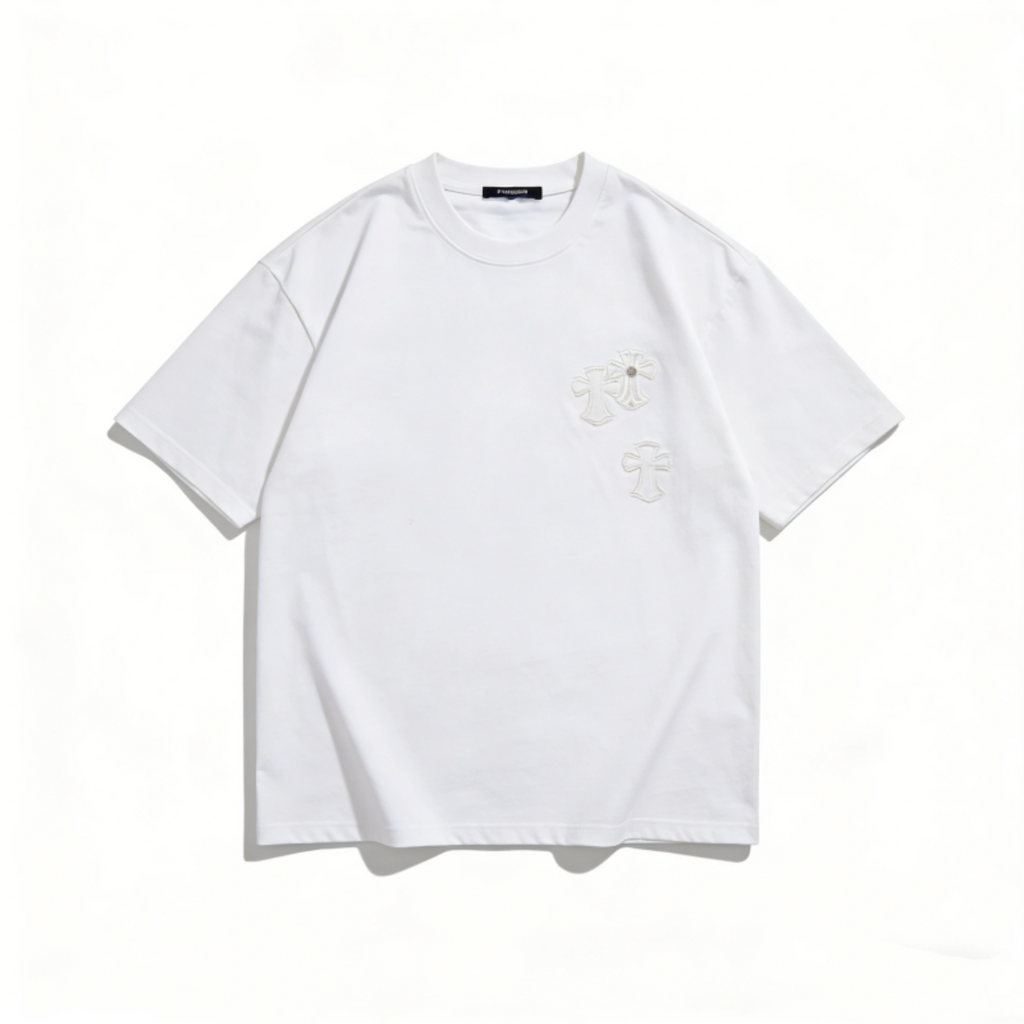 Minimalist Cross Embroidery Oversized T-Shirt | White Luxury Streetwear Tee