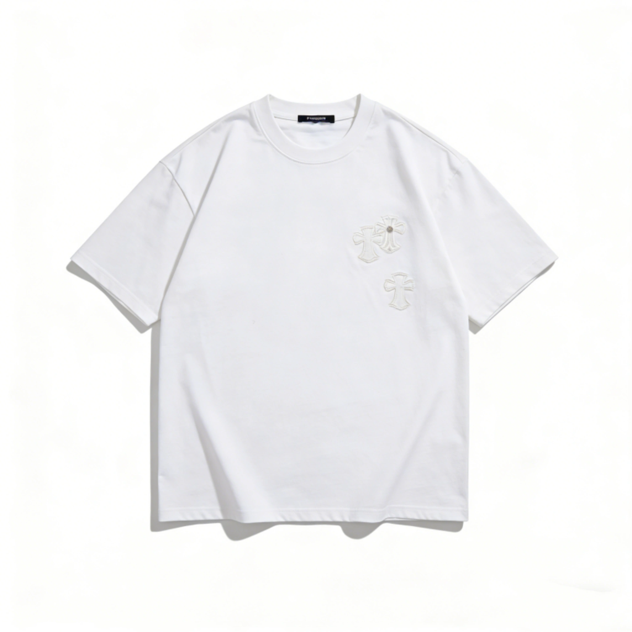 Minimalist Cross Embroidery Oversized T-Shirt | White Luxury Streetwear Tee