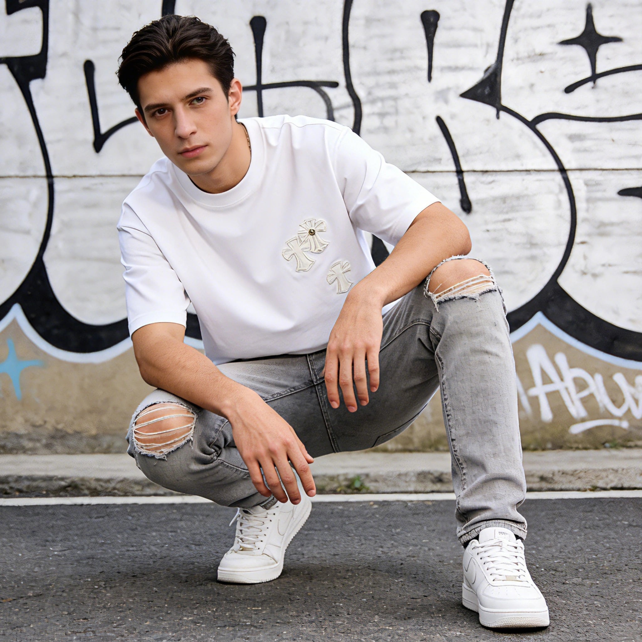 Minimalist Cross Embroidery Oversized Tee White Luxury Streetwear