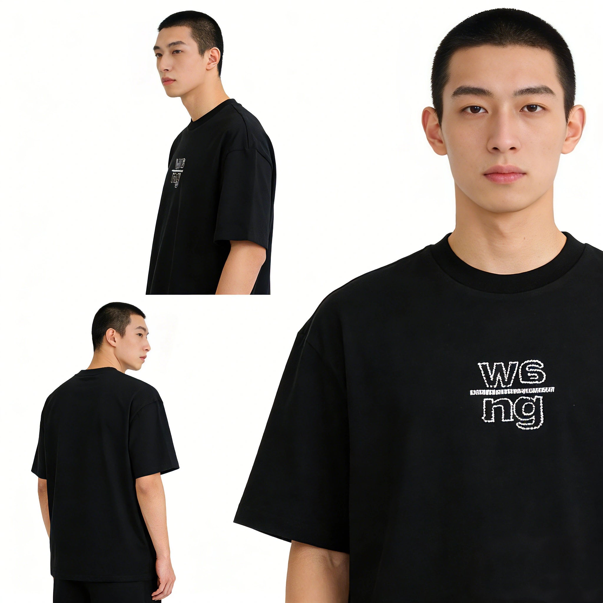 Model Wearing Minimalist Embroidered Oversized Black Tee High Street Style