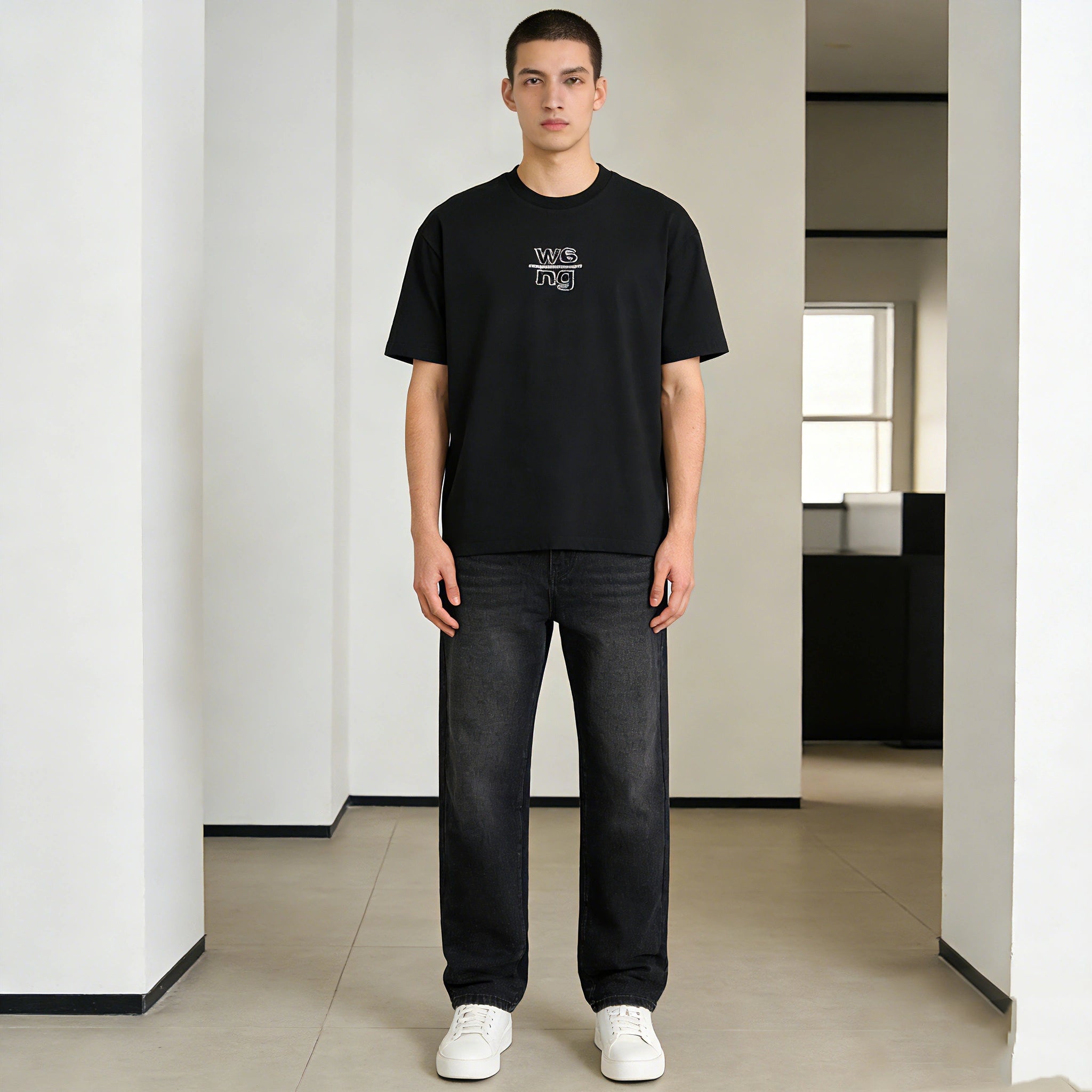 Minimalist W6 ng Embroidered Oversized Tee Black High Streetwear