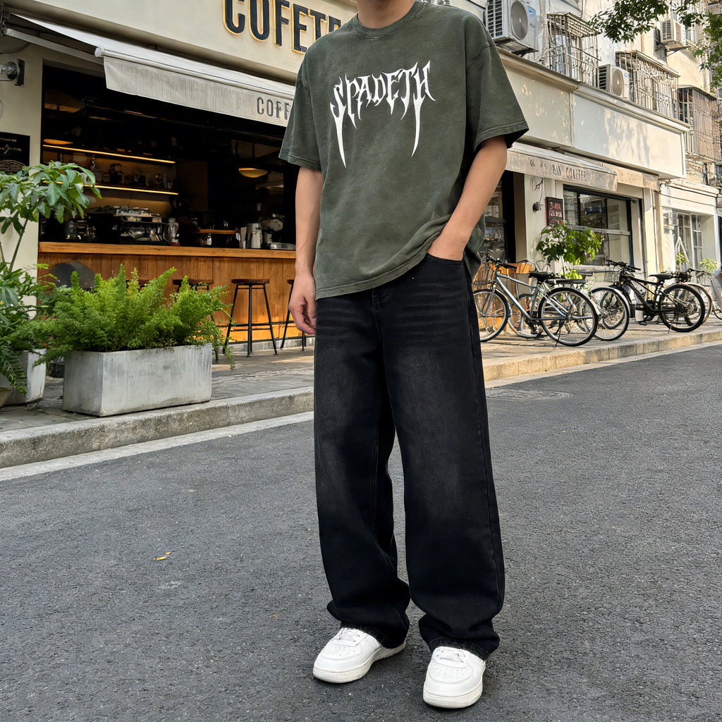 Spadeth Death Metal Vintage Washed Oversized Tee Olive Green Streetwear