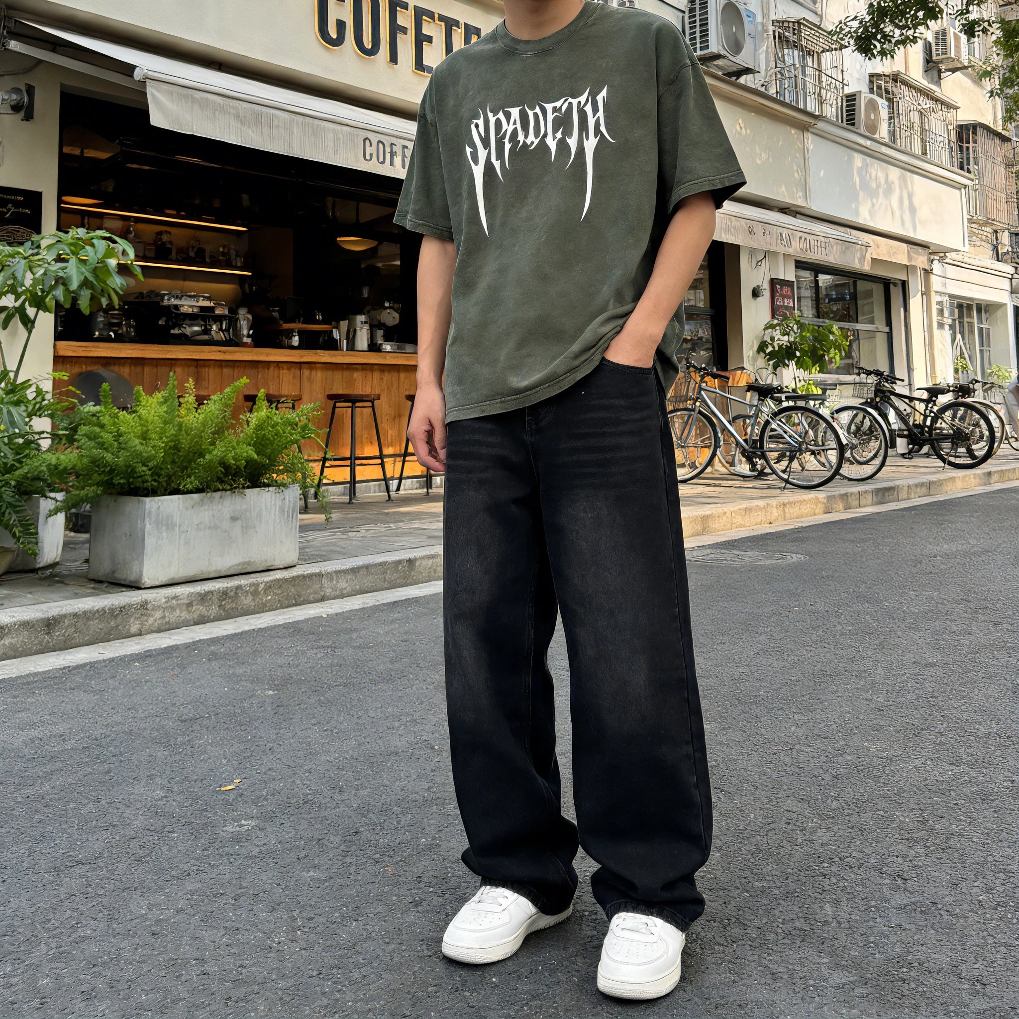 Spadeth Death Metal Vintage Washed Oversized Tee Olive Green Streetwear