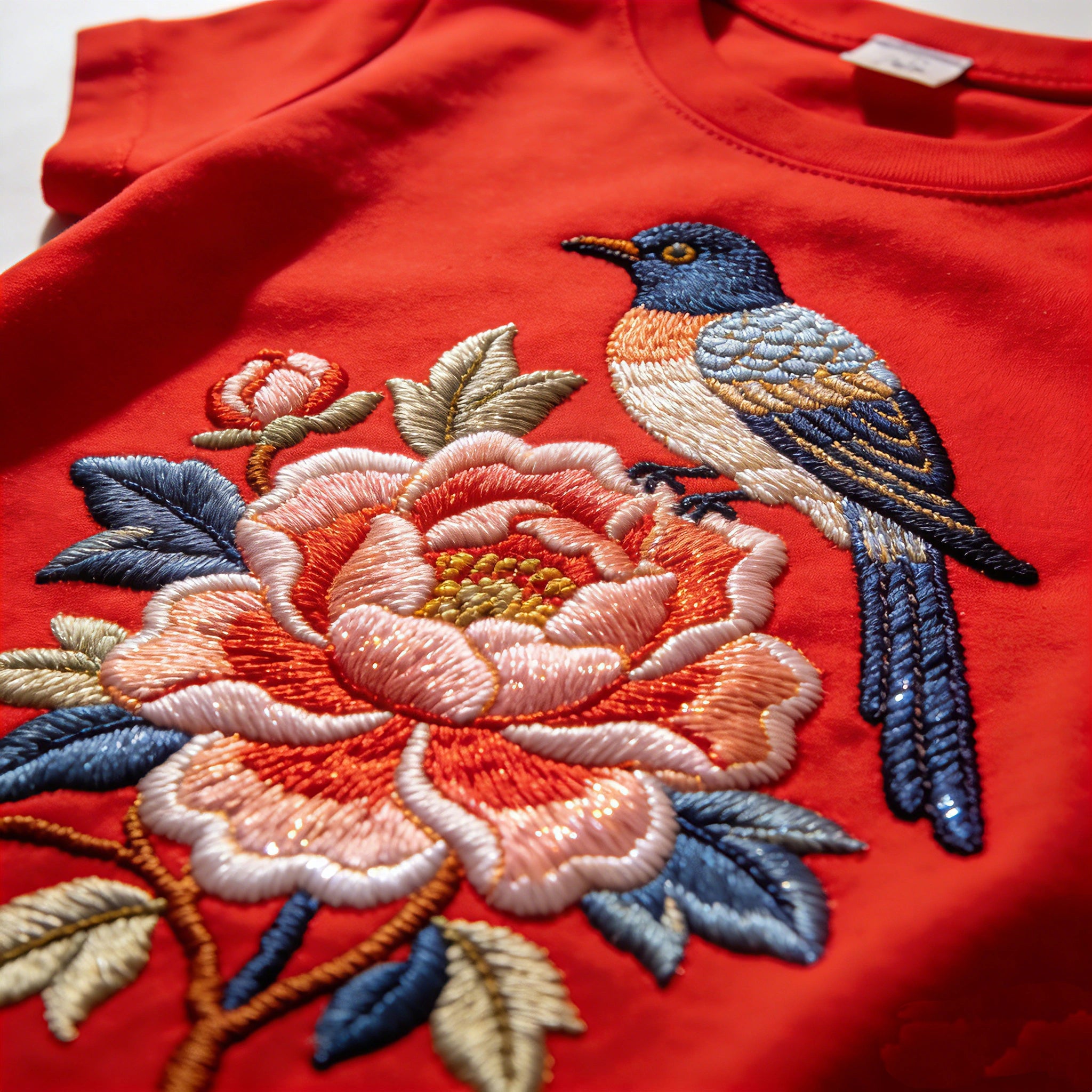 Red Bird Rose Graphic Print on Vintage Washed Black Tee