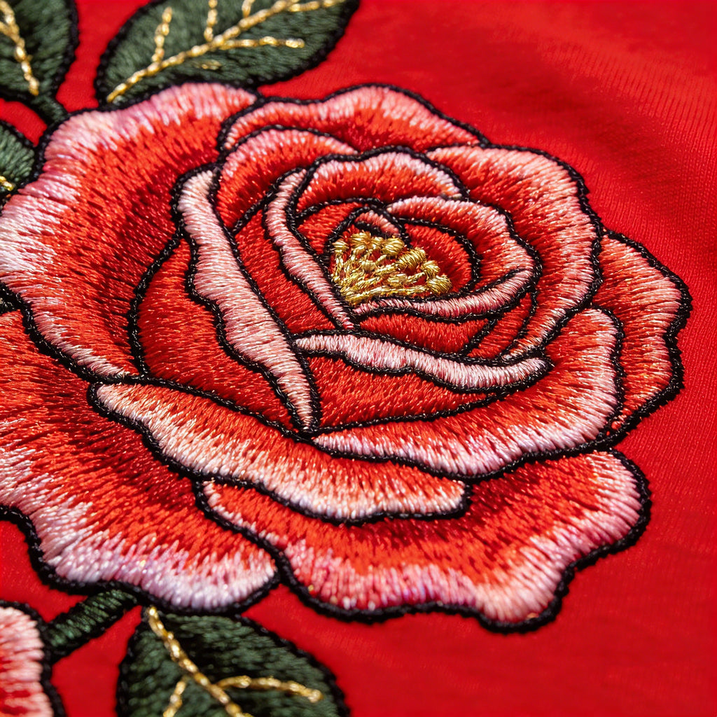 Red Bird Rose Graphic Print on Vintage Washed Black Tee