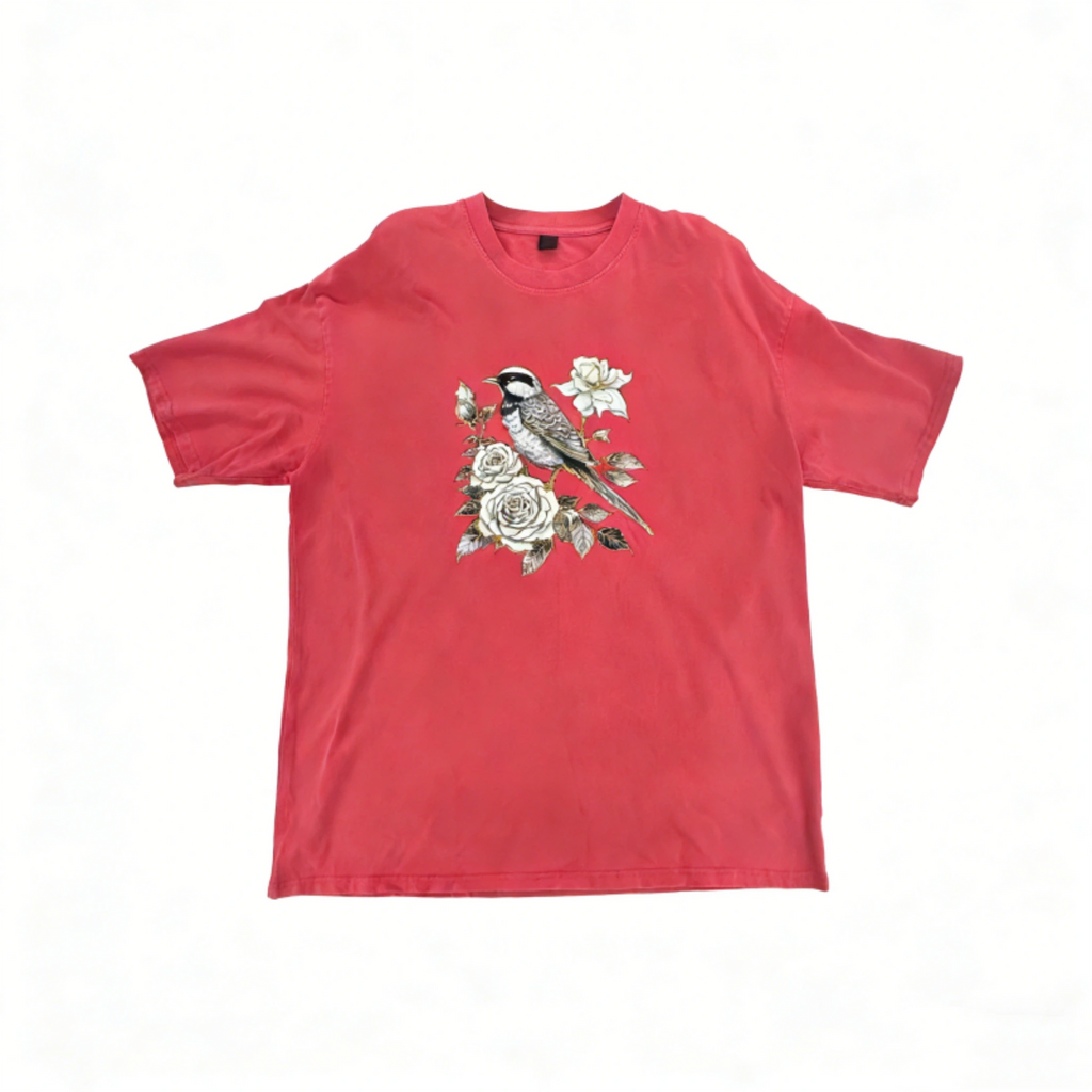 Vintage Washed Red Bird & Rose Graphic Oversized T-Shirt | Retro Floral Streetwear Tee