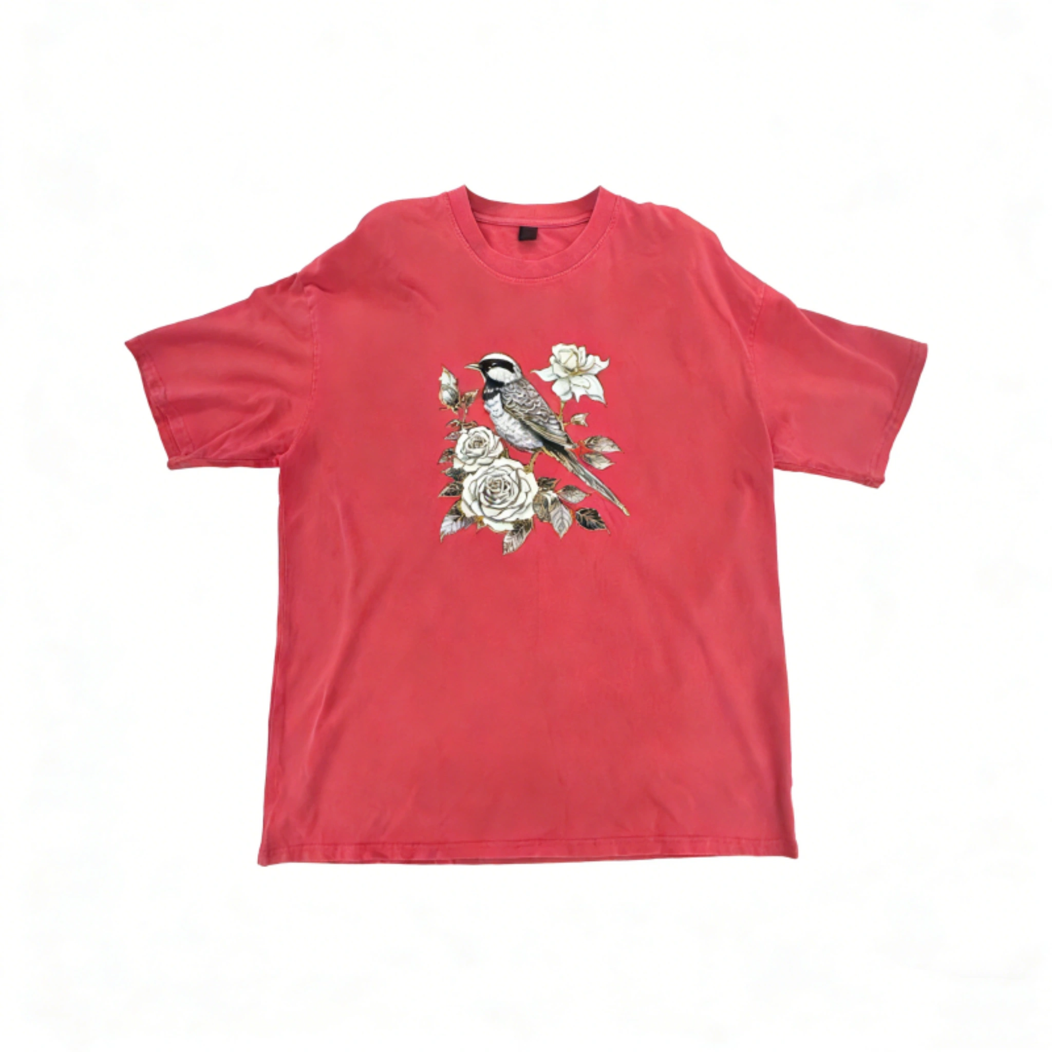 Vintage Washed Red Bird & Rose Graphic Oversized T-Shirt | Retro Floral Streetwear Tee