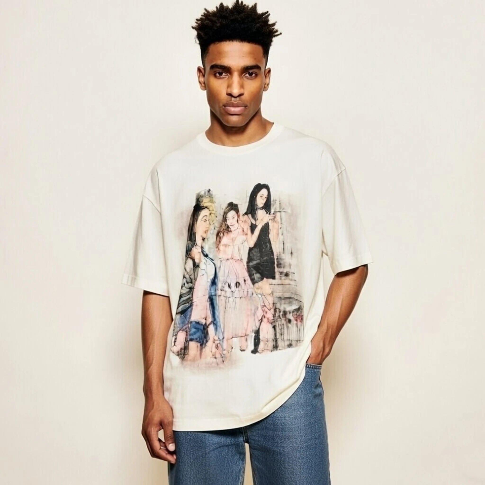 Vintage Pin-Up Watercolor Oversized T-Shirt | Subculture Art Graphic Tee
