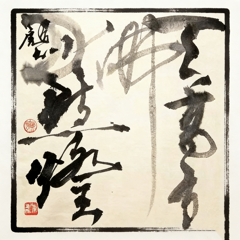 White Chinese Calligraphy Art T-Shirt - Ink Painting Print with Red Seals, Framed Design Cotton Tee, Unisex