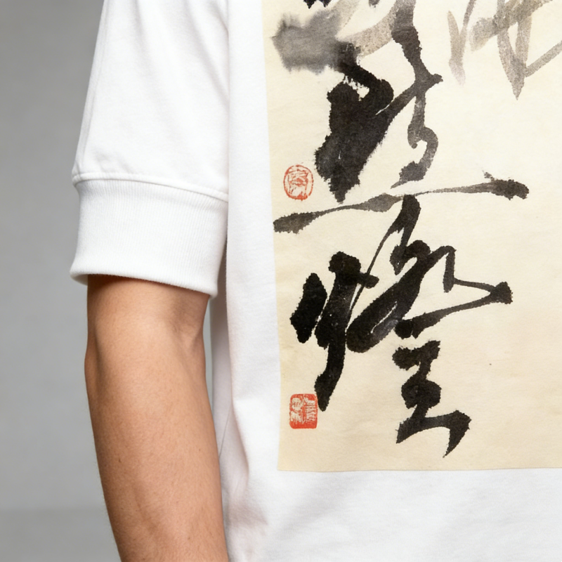 White Chinese Calligraphy Art T-Shirt - Ink Painting Print with Red Seals, Framed Design Cotton Tee, Unisex