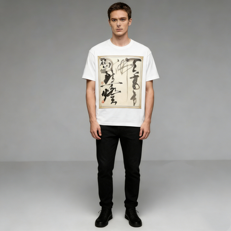 White Chinese Calligraphy Art T-Shirt - Ink Painting Print with Red Seals, Framed Design Cotton Tee, Unisex