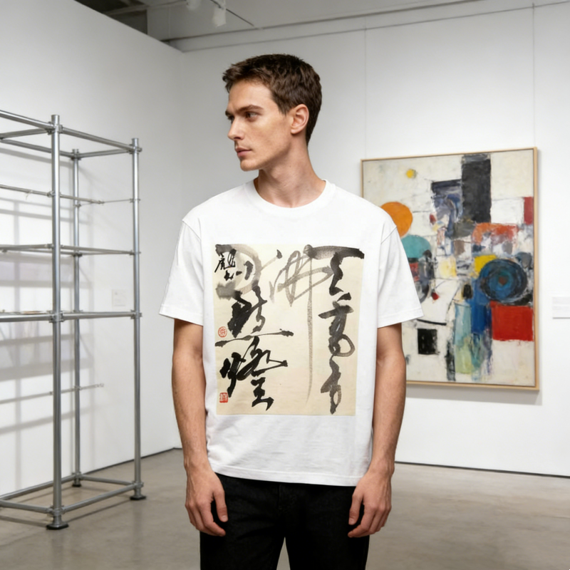 White Chinese Calligraphy Art T-Shirt - Ink Painting Print with Red Seals, Framed Design Cotton Tee, Unisex