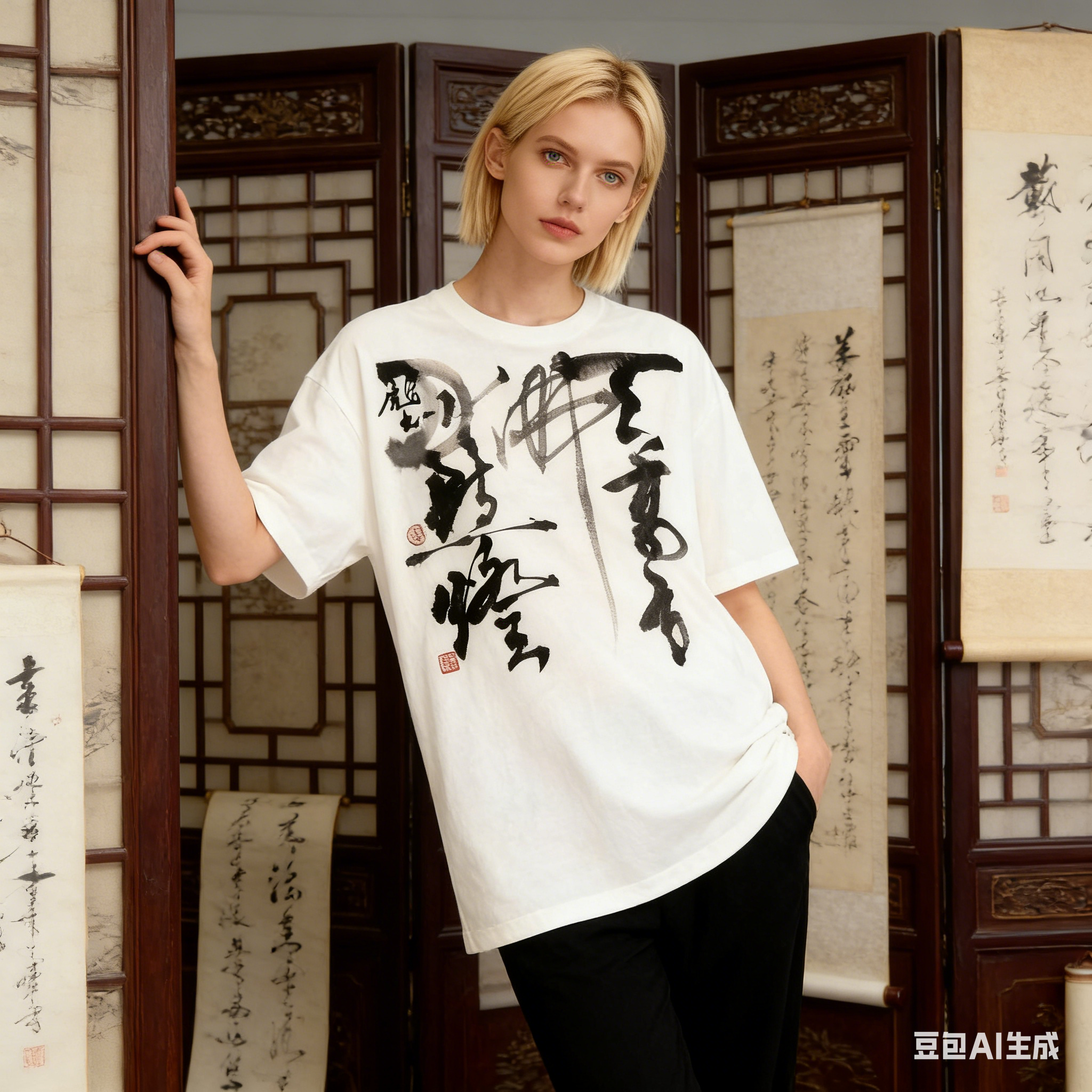 Chinese Calligraphy Art Oversized T-Shirt - White Retro Ink Style Streetwear Top